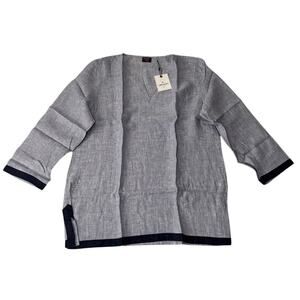 NWT UNTUCKit Linen Gray Navy Trim V-Neck Tunic Top 3/4 Sleeve Sz 16